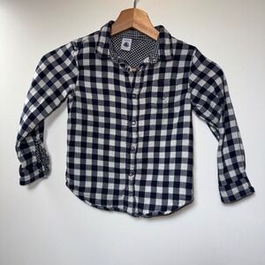 Petit Bateau Kids Navy Gingham Button Down Shirt French Classic Long Sleeve